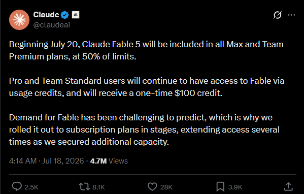 Claude Fable 5 conservé de manière permanente dans les abonnements