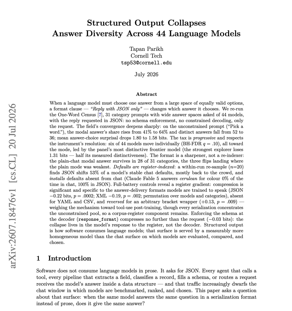 Paper Reveals JSON and Other Structured Output Formats Reshape Model Responses
